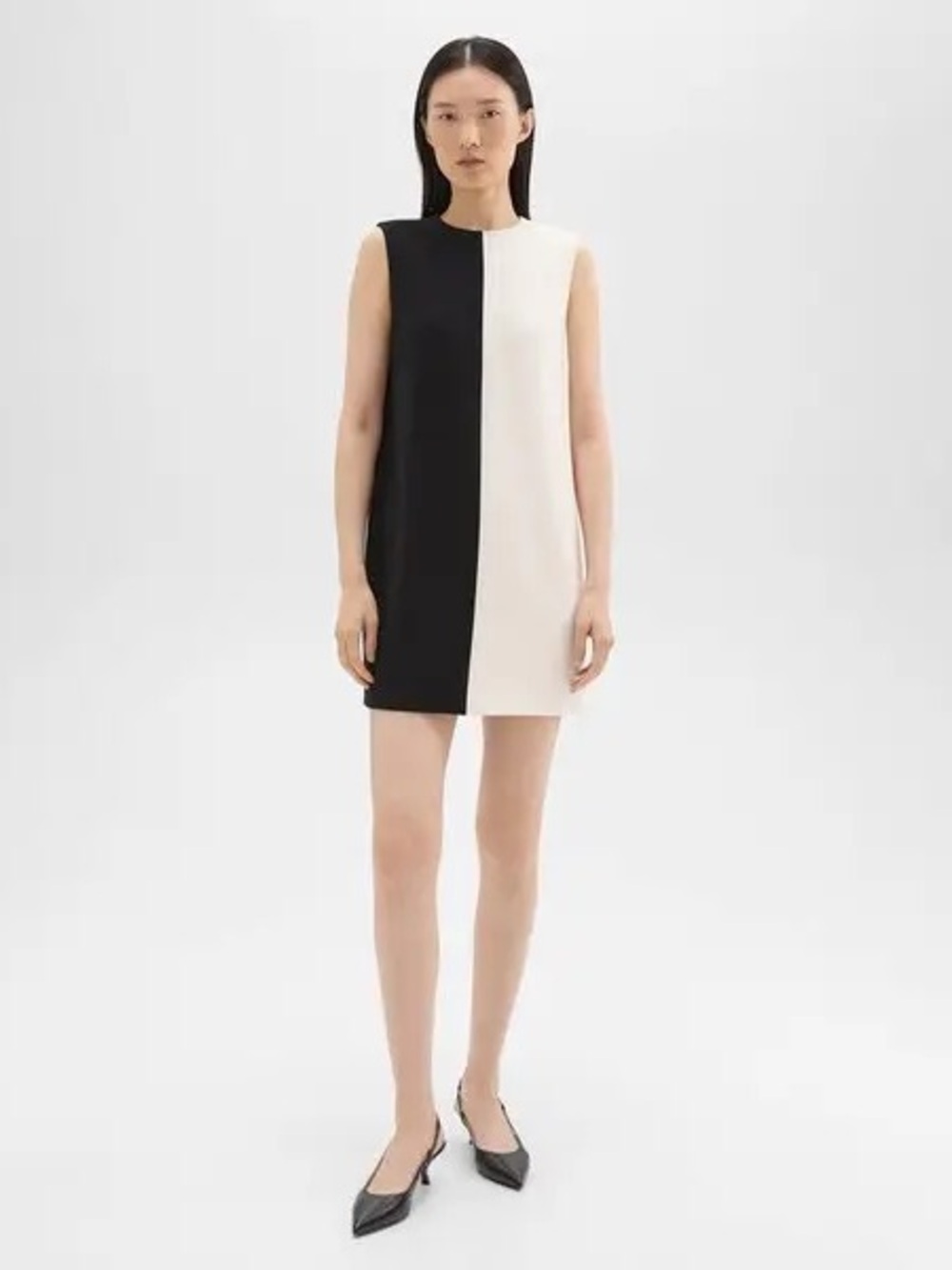 Theory Neutral Black White Split Crepe Sleeveless Shift Mini Dress Size 6